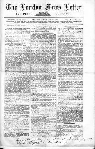 cover page of London News Letter and Price Current published on November 29, 1864