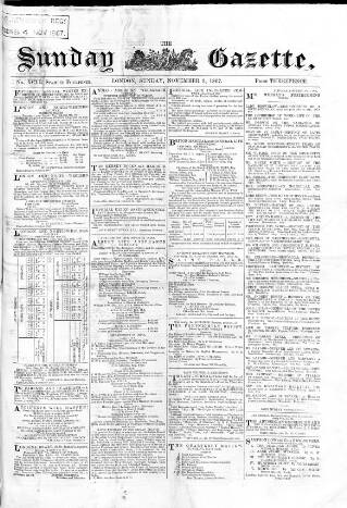 cover page of Sunday Gazette published on November 3, 1867