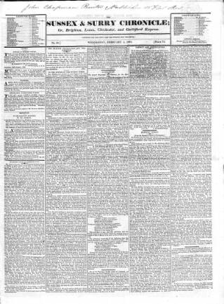 cover page of Sussex & Surrey Chronicle published on February 4, 1824