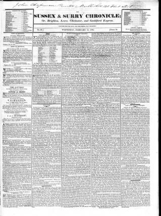 cover page of Sussex & Surrey Chronicle published on February 18, 1824