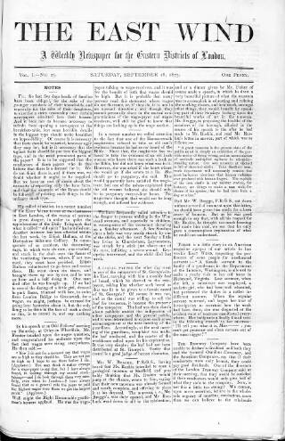 cover page of East Wind published on September 18, 1875