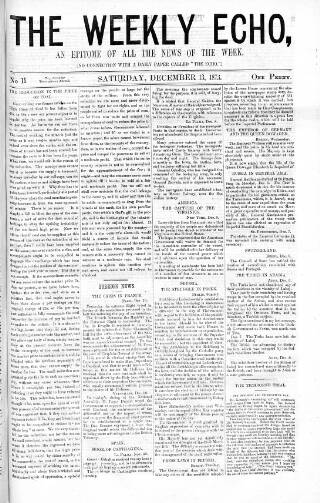 cover page of Weekly Echo published on December 13, 1873