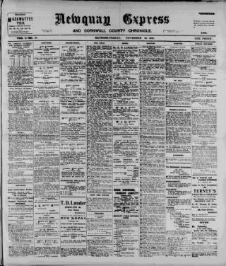 cover page of Newquay Express and Cornwall County Chronicle published on November 30, 1906