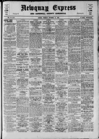 cover page of Newquay Express and Cornwall County Chronicle published on November 15, 1928