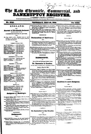 cover page of Law Chronicle, Commercial and Bankruptcy Register published on May 29, 1834