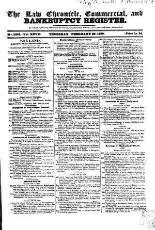 cover page of Law Chronicle, Commercial and Bankruptcy Register published on February 28, 1839