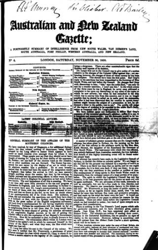 cover page of Australian and New Zealand Gazette published on November 30, 1850