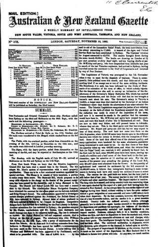 cover page of Australian and New Zealand Gazette published on November 15, 1862