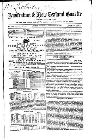 cover page of Australian and New Zealand Gazette published on December 30, 1871