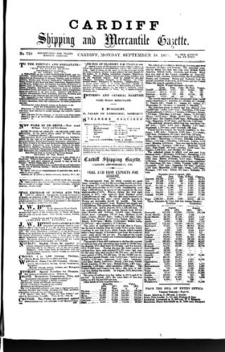 cover page of Cardiff Shipping and Mercantile Gazette published on September 18, 1876