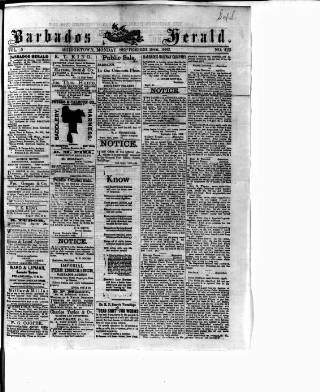 cover page of Barbados Herald published on September 18, 1882