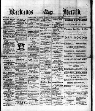 cover page of Barbados Herald published on November 30, 1885