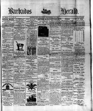 cover page of Barbados Herald published on November 15, 1888