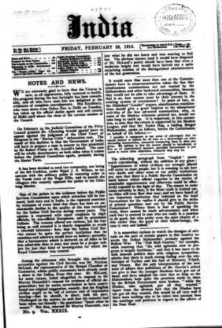 cover page of India published on February 28, 1913