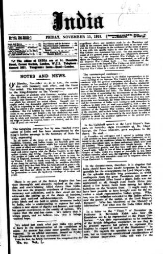 cover page of India published on November 15, 1918