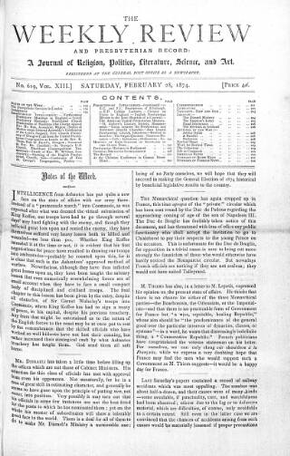 cover page of Weekly Review (London) published on February 28, 1874
