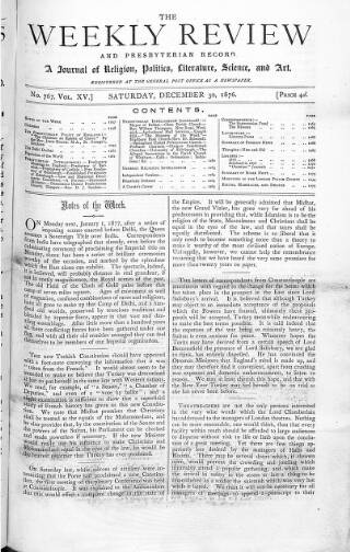 cover page of Weekly Review (London) published on December 30, 1876