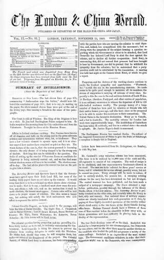 cover page of London & China Herald published on November 25, 1869