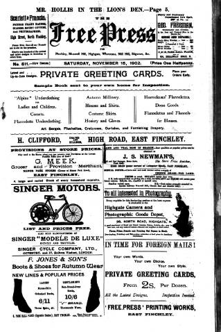 cover page of Finchley Press published on November 15, 1902