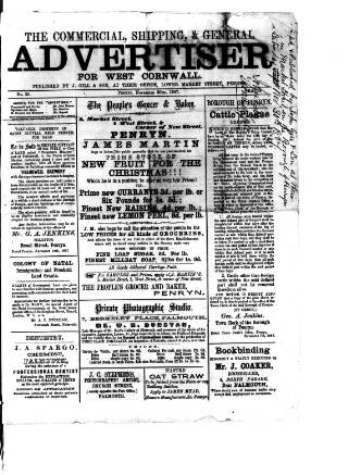 cover page of Commercial, Shipping & General Advertiser for West Cornwall published on November 30, 1867