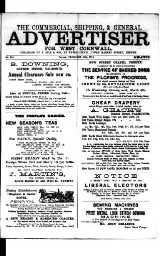 cover page of Commercial, Shipping & General Advertiser for West Cornwall published on February 28, 1874