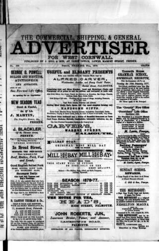 cover page of Commercial, Shipping & General Advertiser for West Cornwall published on December 30, 1876