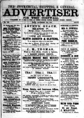 cover page of Commercial, Shipping & General Advertiser for West Cornwall published on November 15, 1879