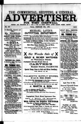 cover page of Commercial, Shipping & General Advertiser for West Cornwall published on February 28, 1885