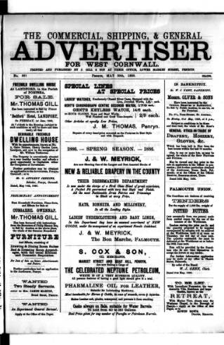 cover page of Commercial, Shipping & General Advertiser for West Cornwall published on May 29, 1886