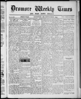 cover page of Dromore Weekly Times and West Down Herald published on September 18, 1943