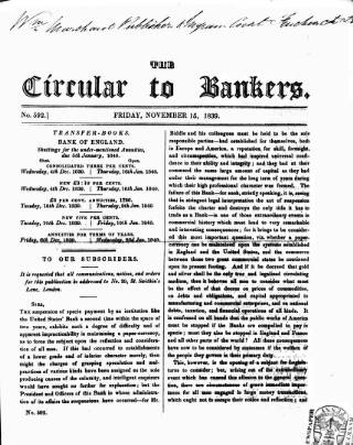 cover page of Bankers' Circular published on November 15, 1839