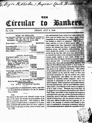 cover page of Bankers' Circular published on July 6, 1849