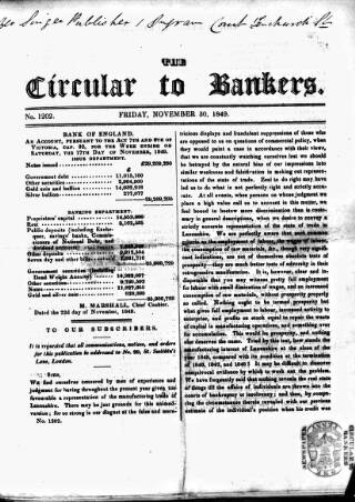 cover page of Bankers' Circular published on November 30, 1849