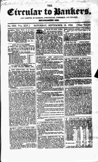 cover page of Bankers' Circular published on September 18, 1852