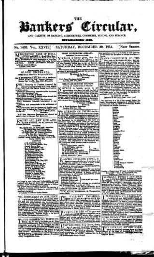 cover page of Bankers' Circular published on December 30, 1854