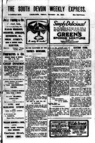 cover page of South Devon Weekly Express published on November 30, 1923