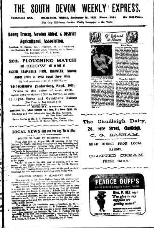 cover page of South Devon Weekly Express published on September 18, 1953