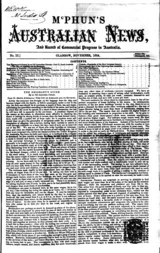 cover page of McPhun's Australian News published on November 1, 1854