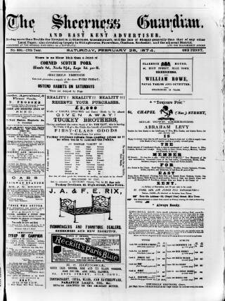 cover page of Sheerness Guardian and East Kent Advertiser published on February 28, 1874