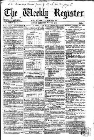 cover page of Weekly Register and Catholic Standard published on May 29, 1869