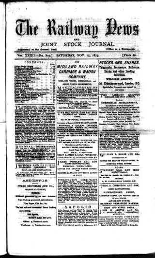 cover page of Railway News published on November 15, 1879