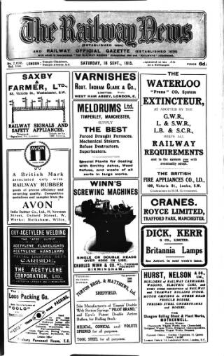 cover page of Railway News published on September 18, 1915
