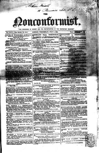 cover page of Nonconformist published on July 6, 1864
