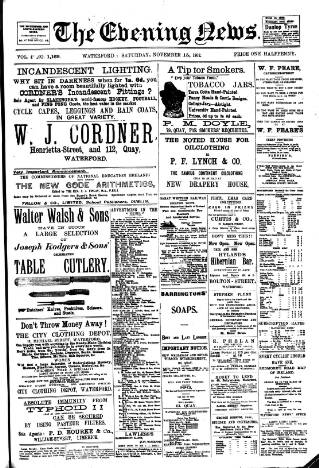 cover page of Evening News (Waterford) published on November 15, 1902