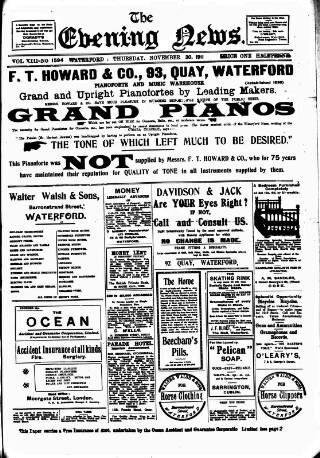 cover page of Evening News (Waterford) published on November 30, 1911