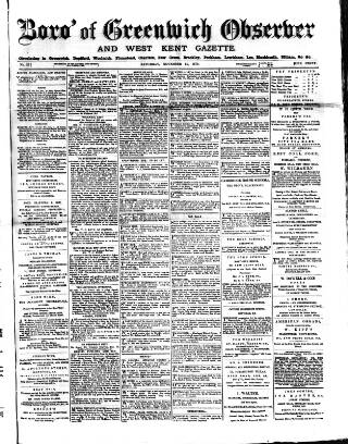 cover page of Greenwich and Deptford Observer published on November 15, 1879