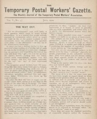 cover page of Temporary Postal Workers' Gazette published on July 1, 1920