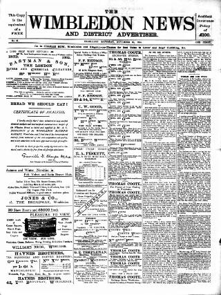 cover page of Wimbledon News published on November 30, 1895