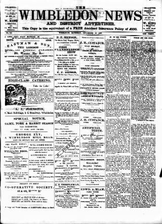 cover page of Wimbledon News published on September 18, 1897