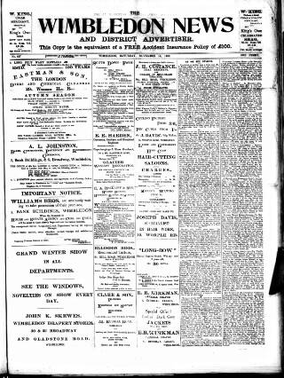 cover page of Wimbledon News published on November 15, 1902